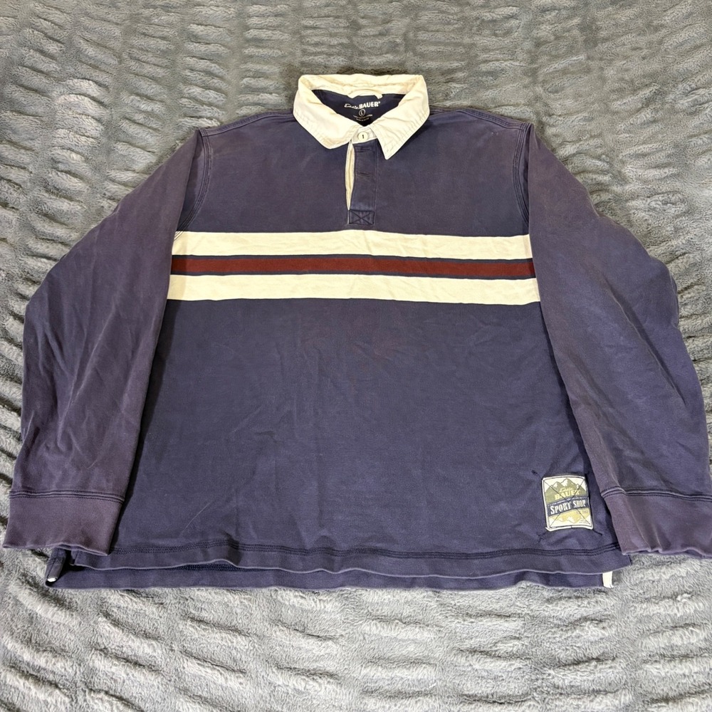 Eddie Bauer Sport Shop Mens Large Navy Blue Striped Long Sleeve Rugby Shirt